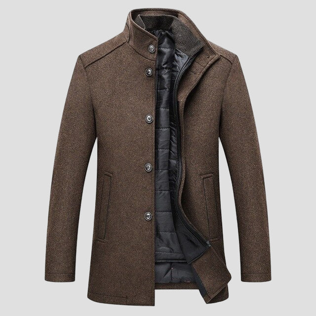 Men's insulated stand collar winter coat, offering warmth and style for cold weather.