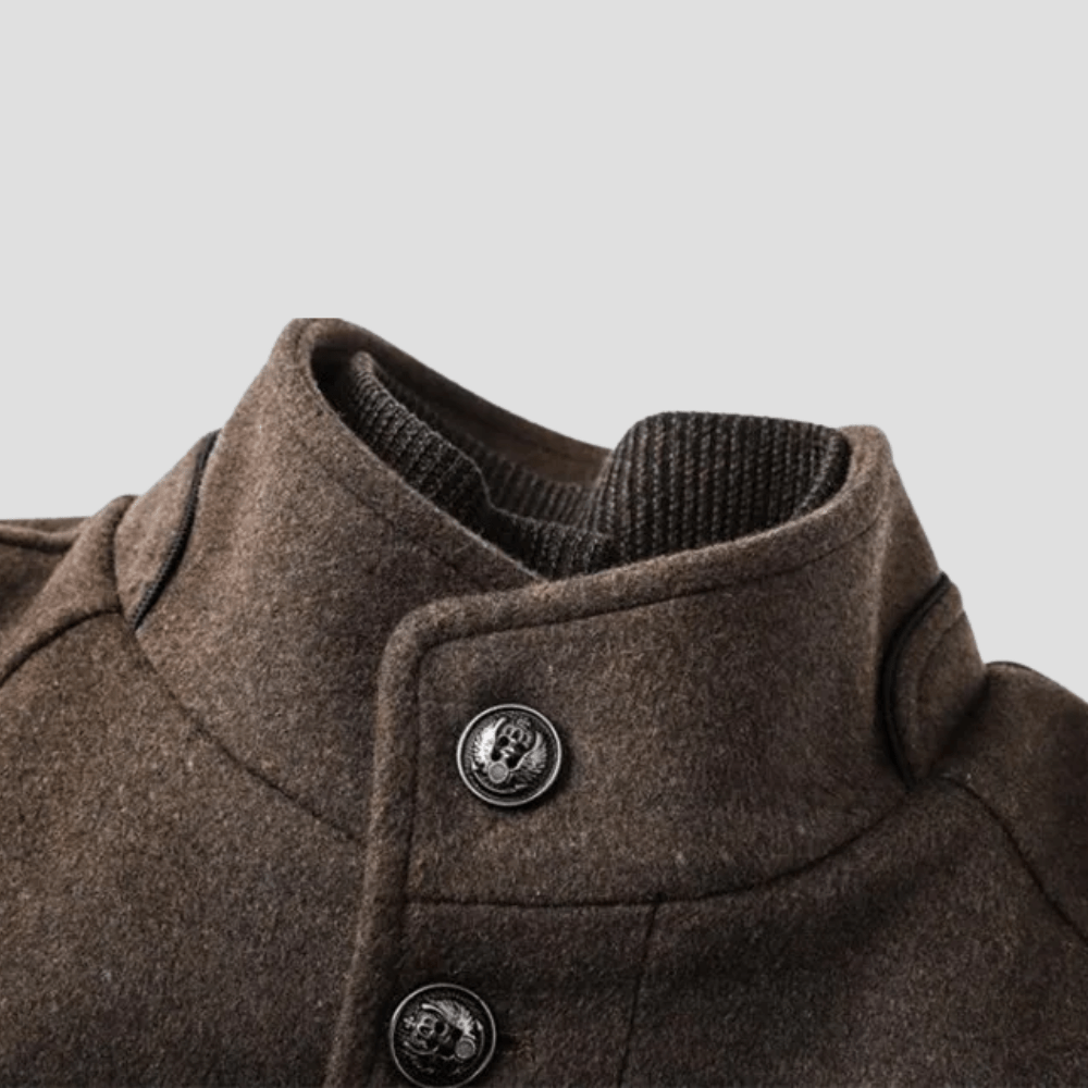 Warm grey men's insulated stand collar coat, ideal for ultimate comfort and protection.
