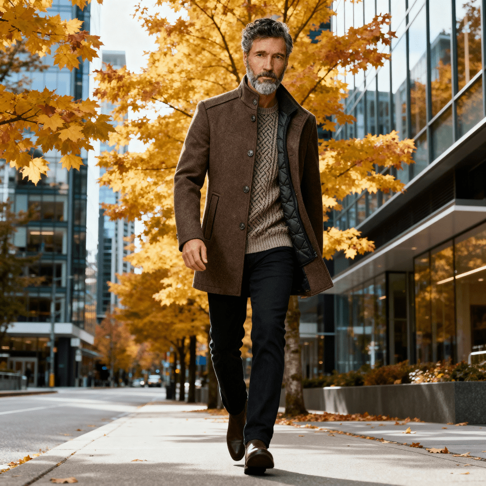 Men's navy blue insulated stand collar winter coat, suitable for casual or formal wear.