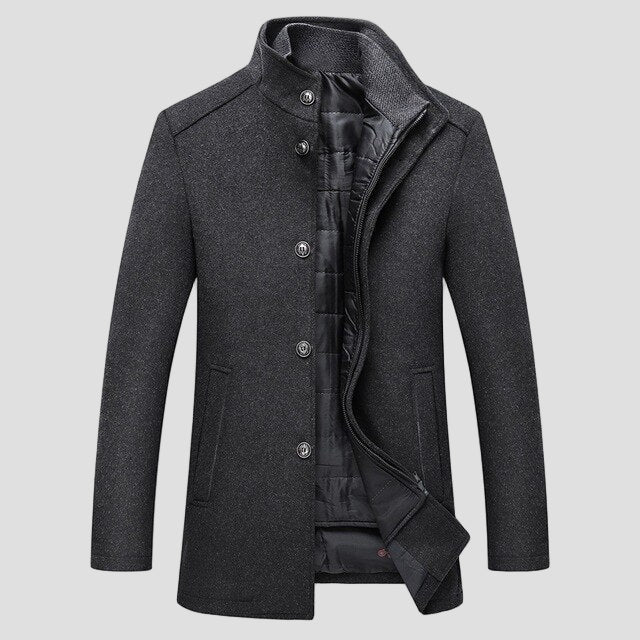 Cozy men's insulated stand collar jacket, designed for superior warmth during winter months.