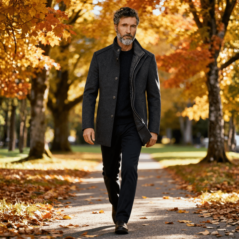 Full-length view of a men's insulated stand collar winter jacket, great for staying warm.