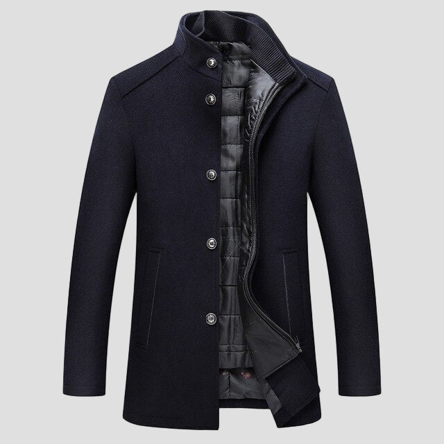 Premium insulated men's stand collar coat, providing excellent protection against the cold.