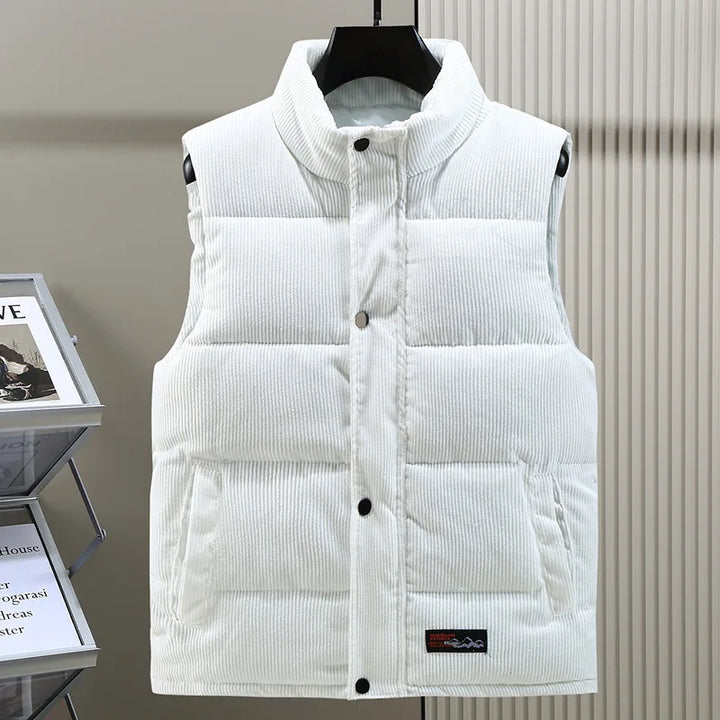 Lightweight men's insulated vest. Warm, sleek sleeveless jacket for layering. Essential men's fashion outerwear.