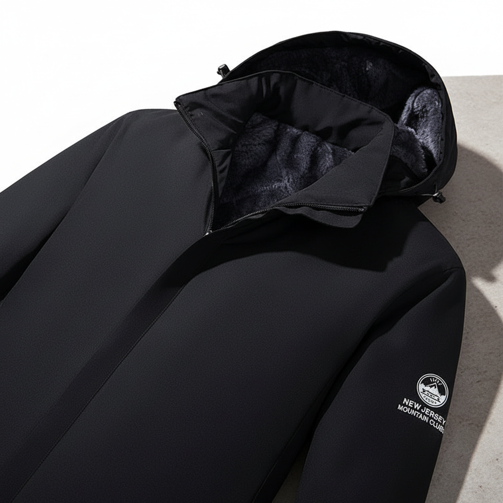 Close-up of men's weatherproof parka jacket with insulated lining and detachable hood