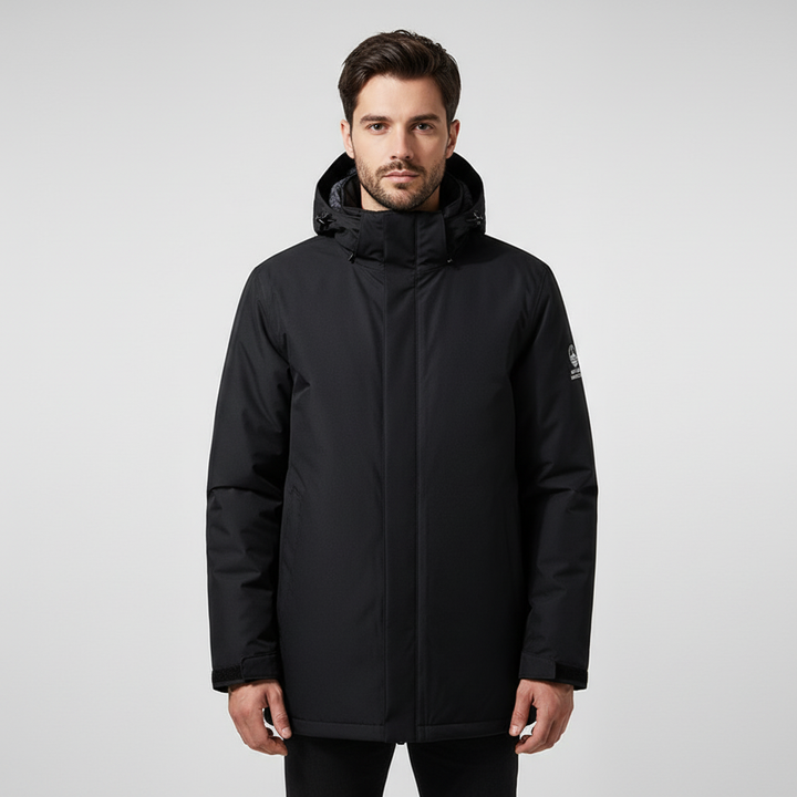 Man wearing a regular fit, insulated weatherproof parka jacket suitable for cold weather