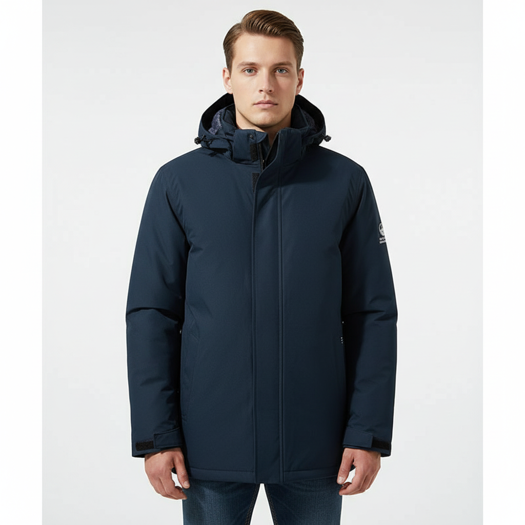 Stylish autumn/winter men's parka jacket, weatherproof and insulated with a detachable hood