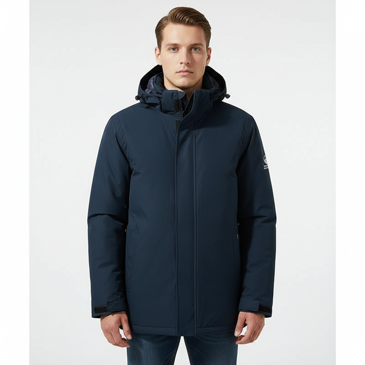 Stylish autumn/winter men's parka jacket, weatherproof and insulated with a detachable hood