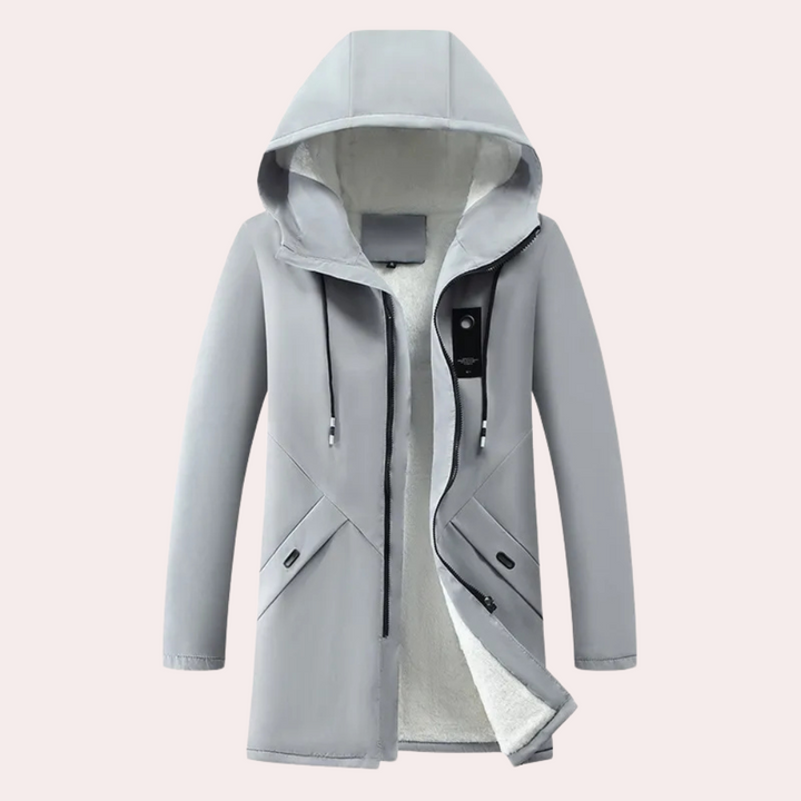 Insulated men's outerwear: a warm, durable winter coat for cold weather fashion.