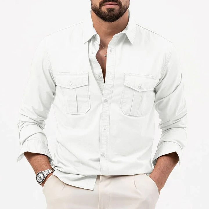 Close-up of fade-resistant, easy-care fabric on Men's Ironclad Performance tailored fit long-sleeve shirt.