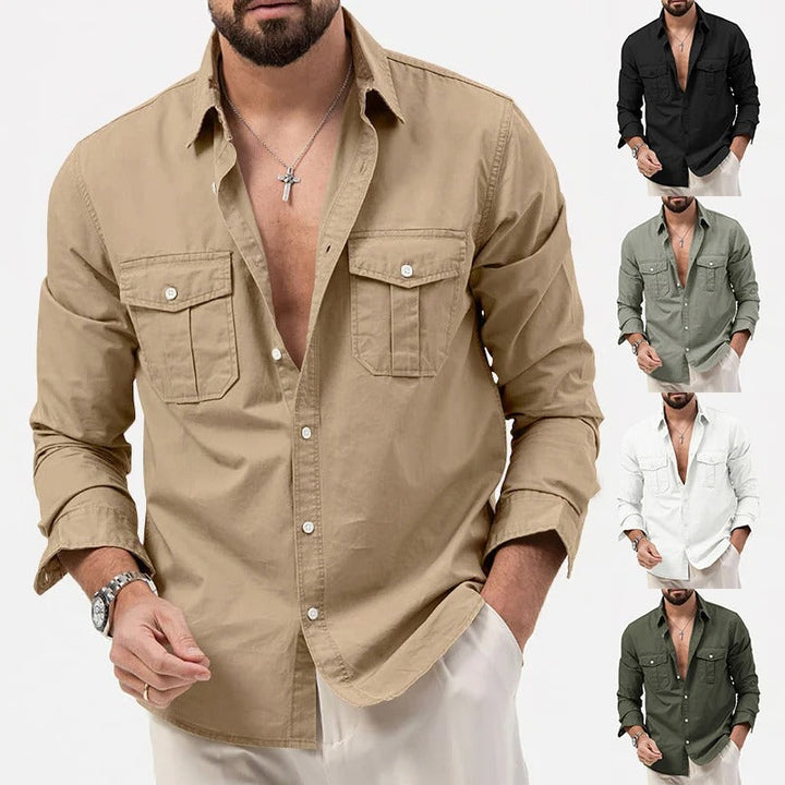 Man wearing a tailored fit long-sleeve Ironclad Performance Shirt, professional, comfortable & smart casual.