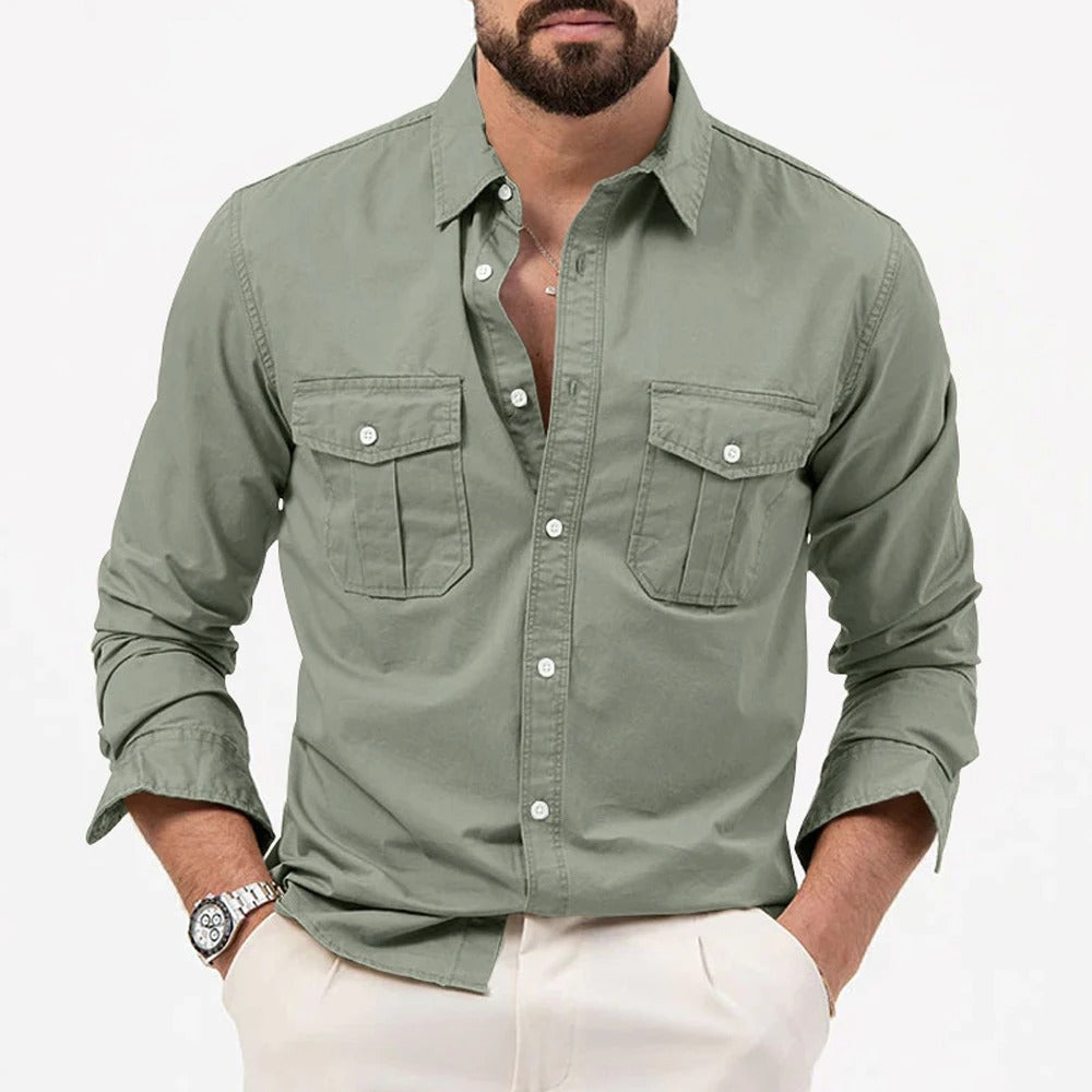 Men's tailored fit long-sleeve shirt with practical chest pockets, ideal for smart casual & professional men's clothing.