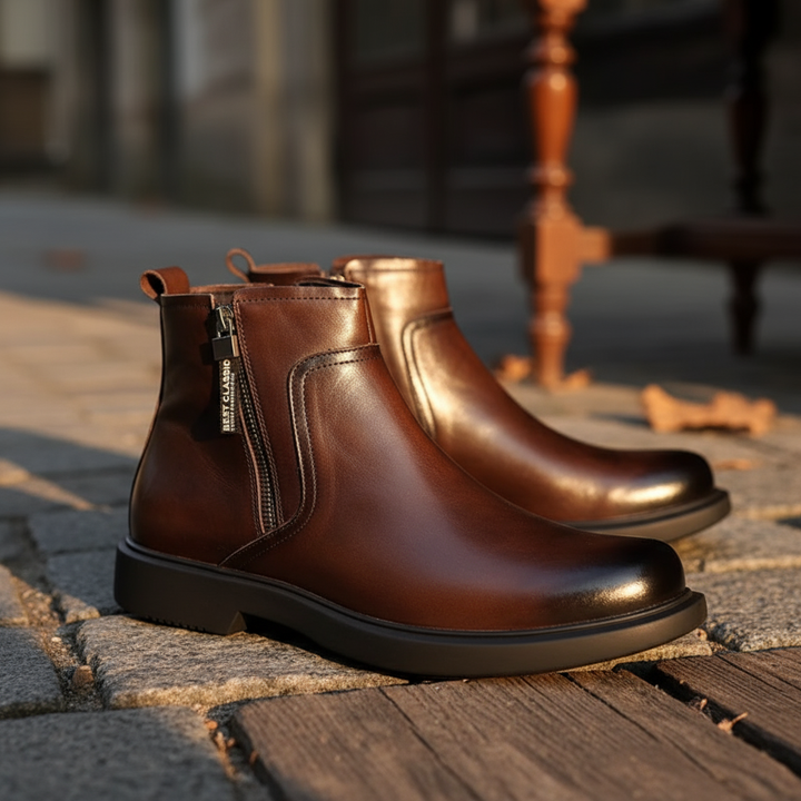 Stylish men's dark brown classic dress boots. Ironwood ankle boots with practical side-zip.