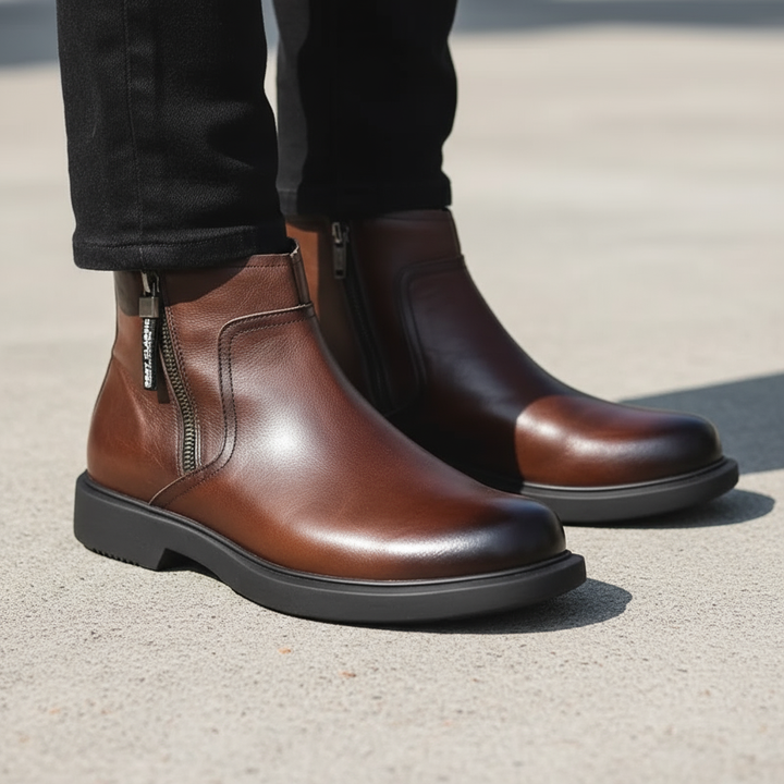 Black men's casual dress boots, Ironwood Classic style. Comfortable side-zip ankle footwear.