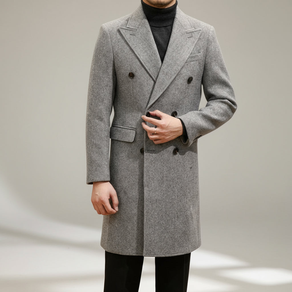Men's Italian-style grey double-breasted overcoat, perfect for sophisticated winter formal wear and business.