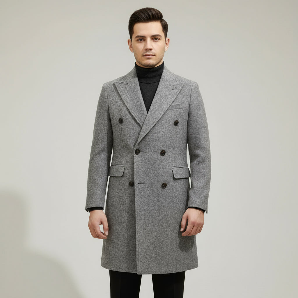 Stylish men's grey tailored winter overcoat with classic Italian design, ideal for formal and business occasions.