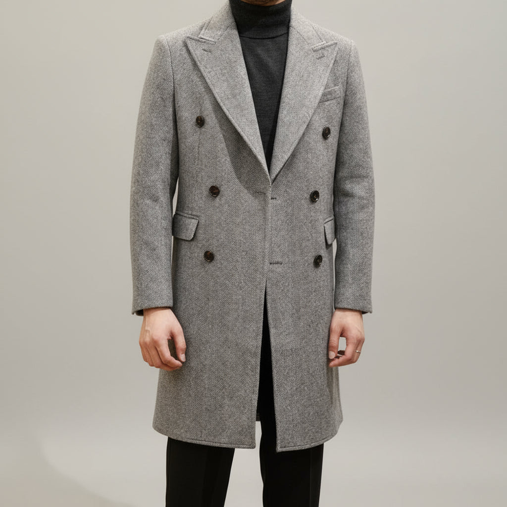 Classic men's double-breasted grey overcoat, Italian-style tailoring for sophisticated winter business outerwear.