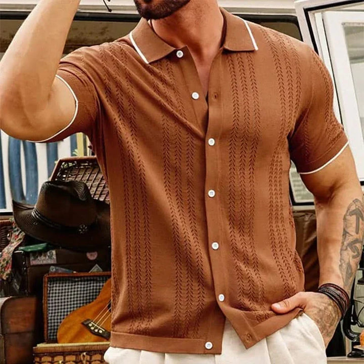 Men's jacquard knit button-up shirt. Short sleeve, textured, classic fit. Perfect for stylish summer casual wear.