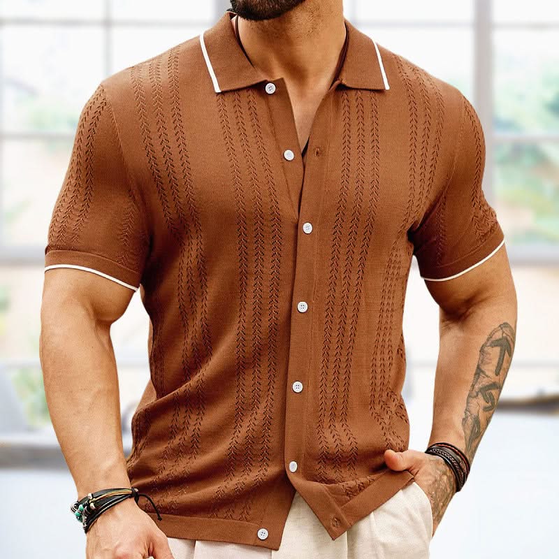 Casual men's summer shirt. Jacquard knit, short sleeve button-up. Comfortable & breathable for warm weather menswear.