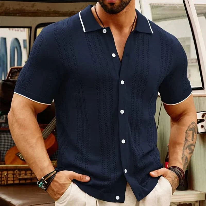 Menswear: Breathable jacquard knit button-up shirt. Short sleeve, textured, classic fit for ultimate summer comfort.