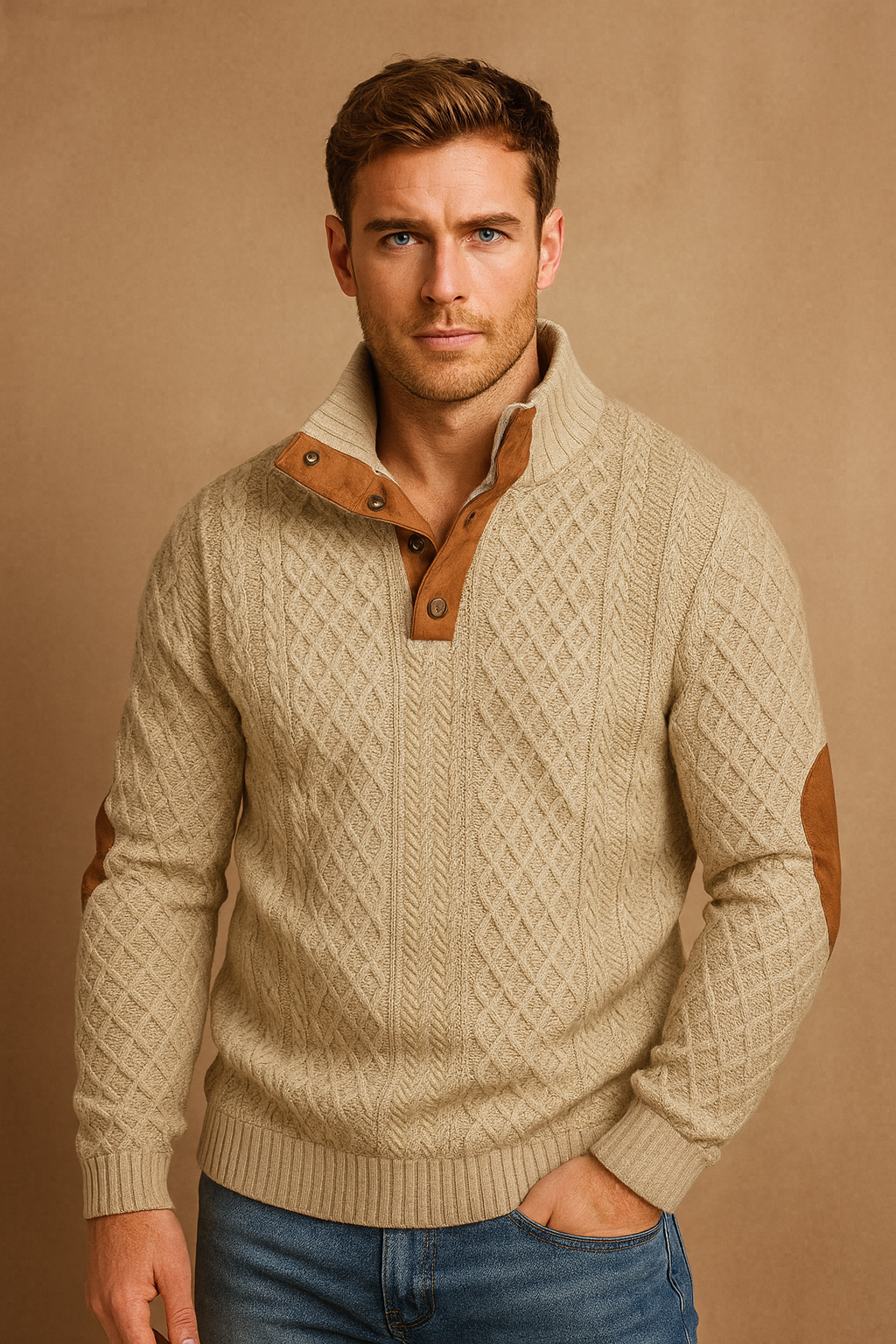 Men's jacquard knit sweater with smart casual button collar. Ideal for fall fashion & versatile style.
