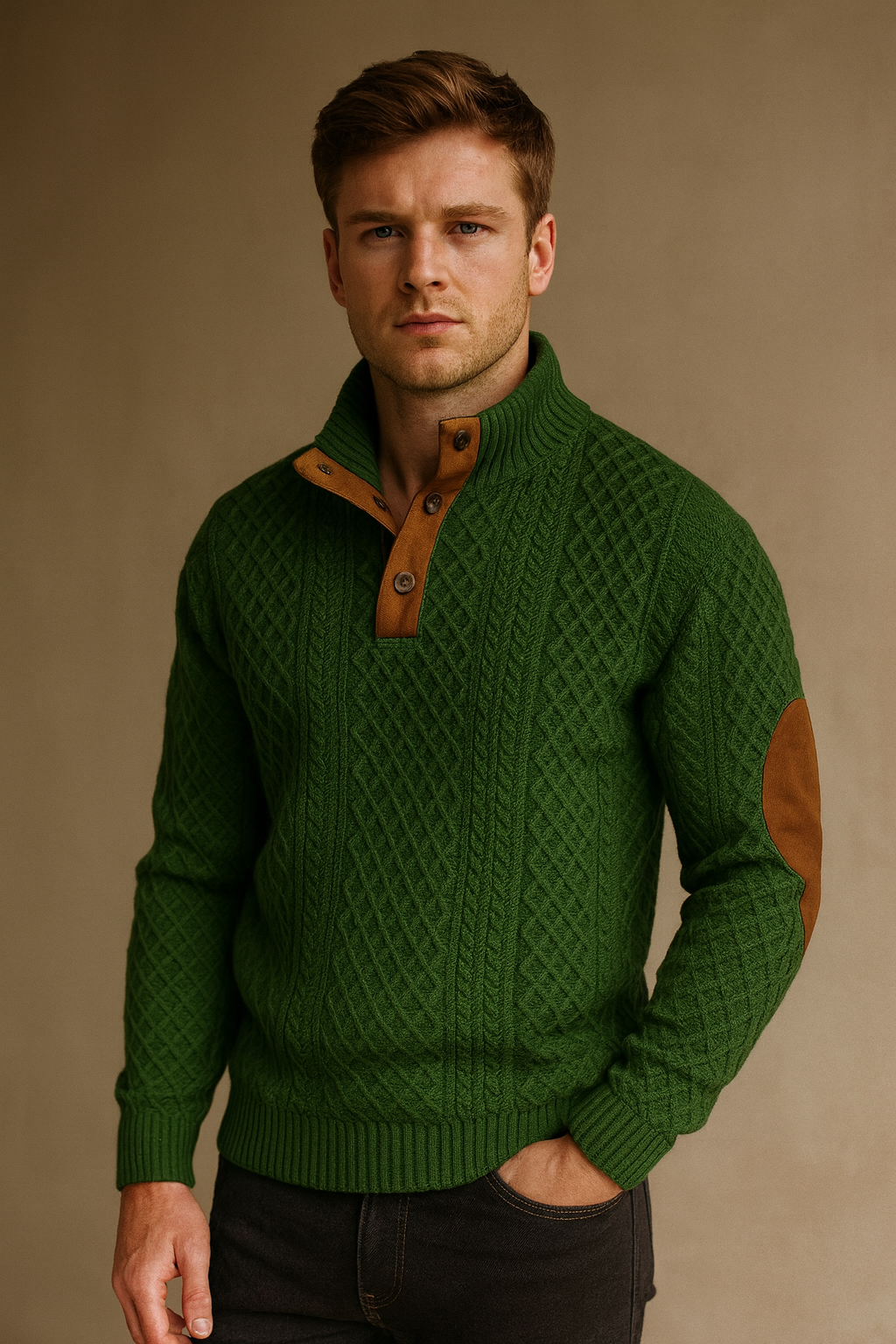 Stylish men's jacquard knitwear, featuring a smart button collar & classic elbow patches. Perfect for spring.