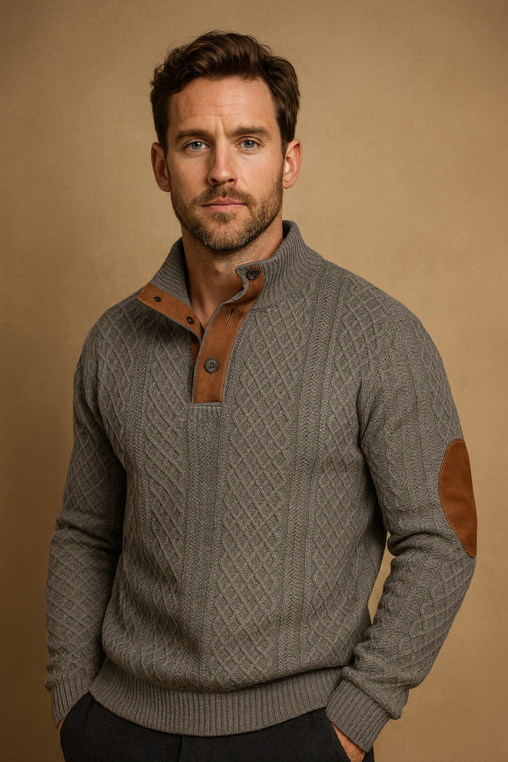 Smart casual men's jacquard knit sweater with elegant button collar. A versatile long-sleeve top for any season.