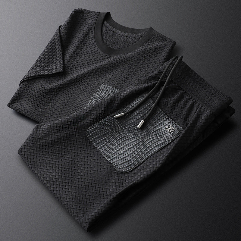 Textured jacquard men's lounge set, blending comfort with effortless style.