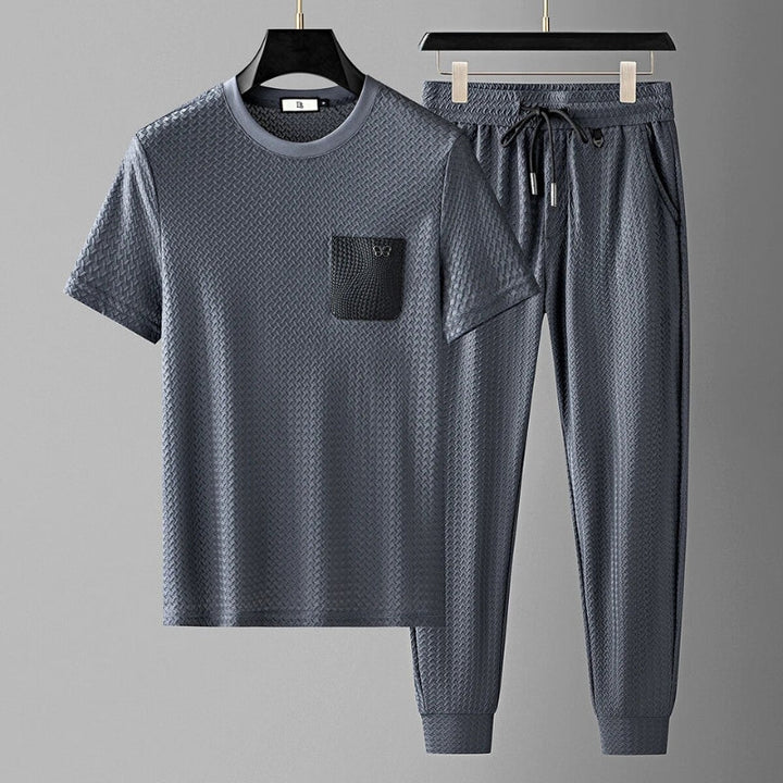 Men's textured jacquard matching set, offering supreme comfort and casual style.