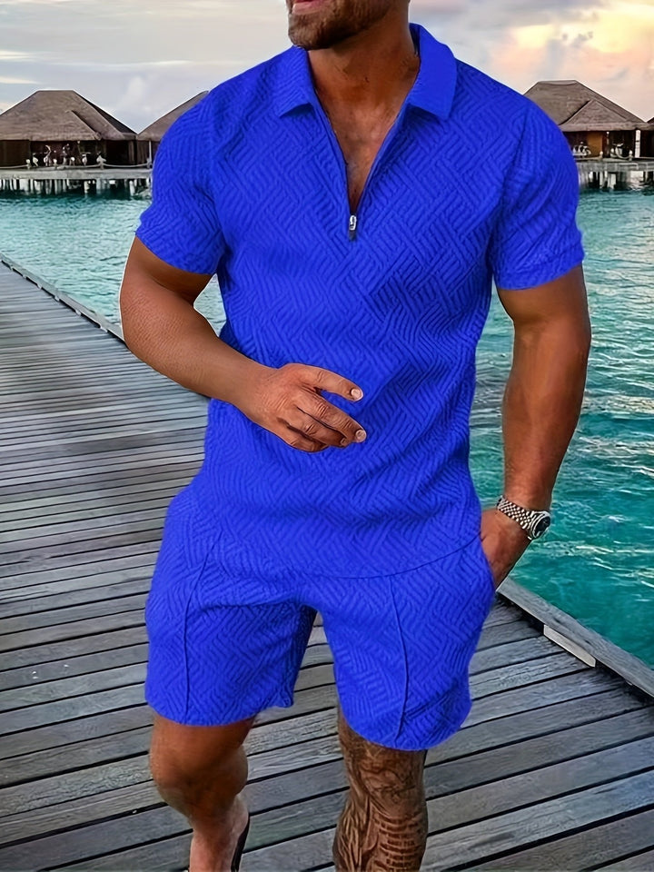 Men's jacquard summer shirt & matching shorts set. Stylish two-piece outfit for warm weather.