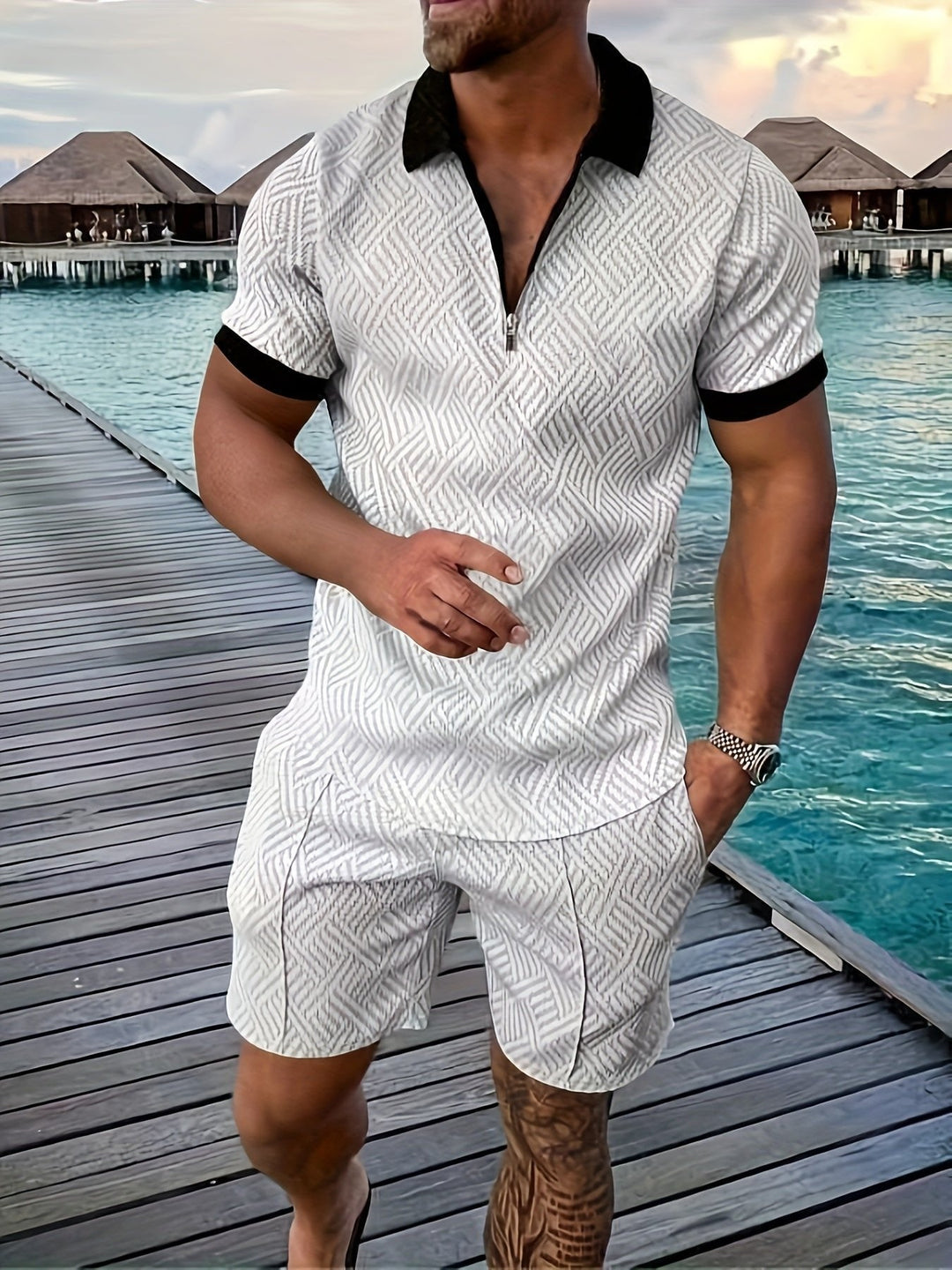 Effortless men's summer outfit with a textured jacquard shirt and comfortable matching shorts.