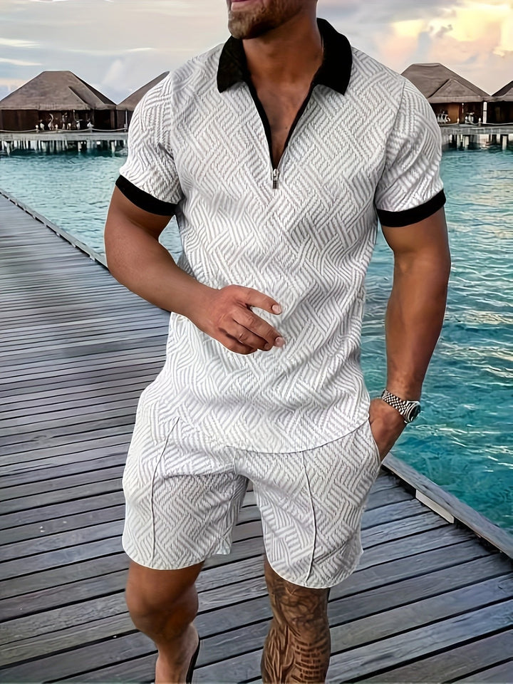 Effortless men's summer outfit with a textured jacquard shirt and comfortable matching shorts.