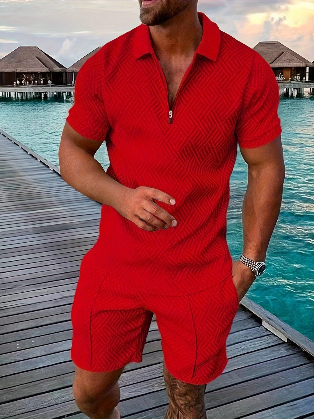 Men's geometric jacquard summer shirt & shorts set. Ideal for casual outings & warm weather style.