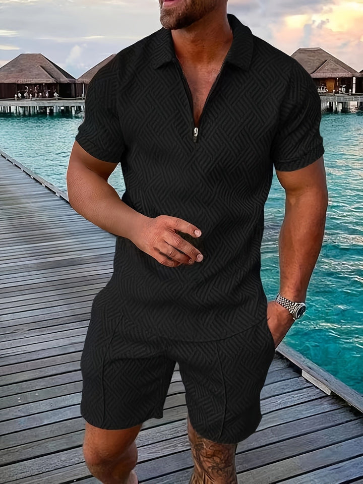 Cool men's jacquard summer set: short-sleeve shirt & matching shorts, great for vacation.