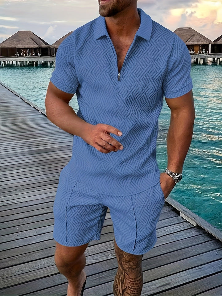 Versatile men's jacquard outfit; summer shirt & shorts for effortless casual wear and beach trips.