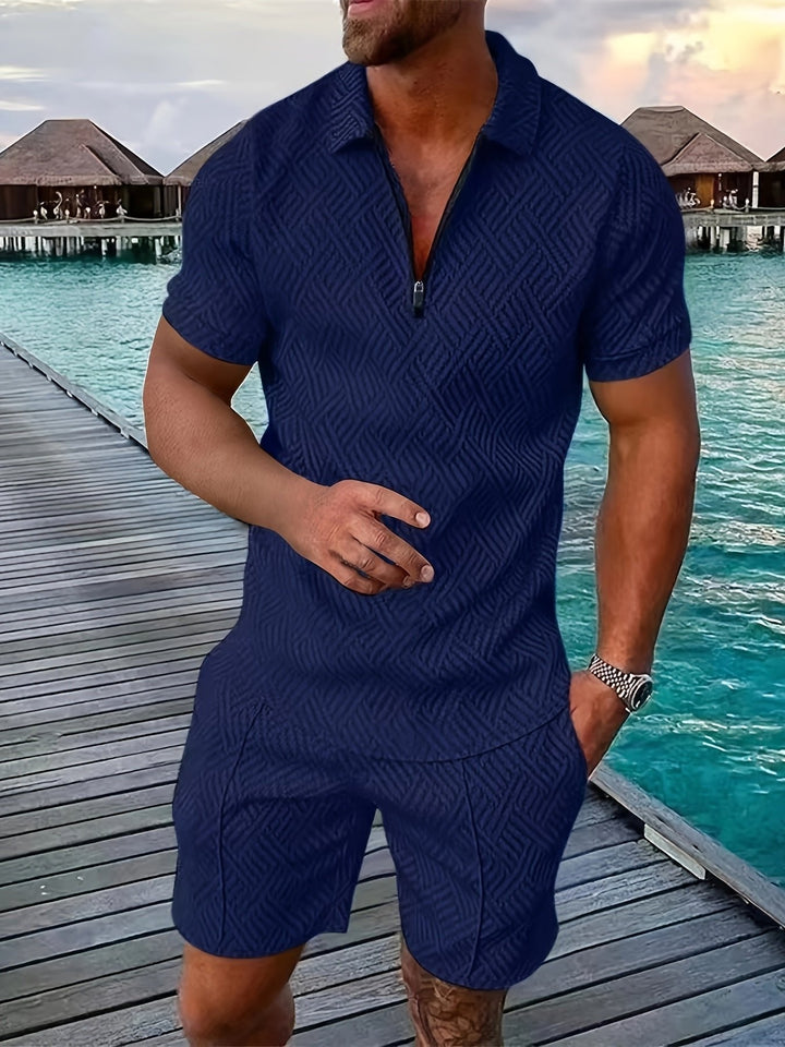 Modern men's summer jacquard shirt & shorts set. Stylish geometric pattern for comfortable holiday wear.