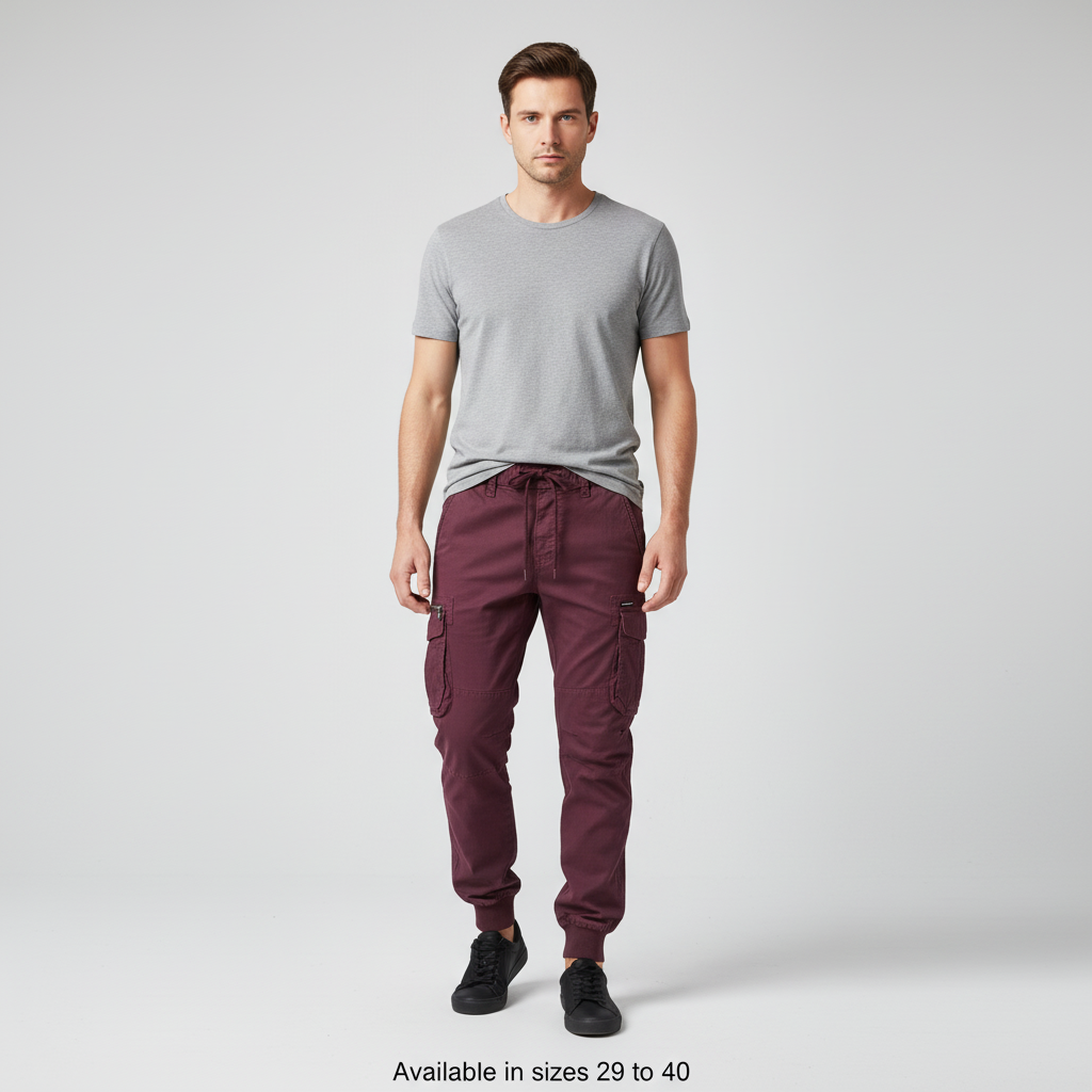 Close-up of men's utility cargo pants showing pocket detail, perfect for casual wear
