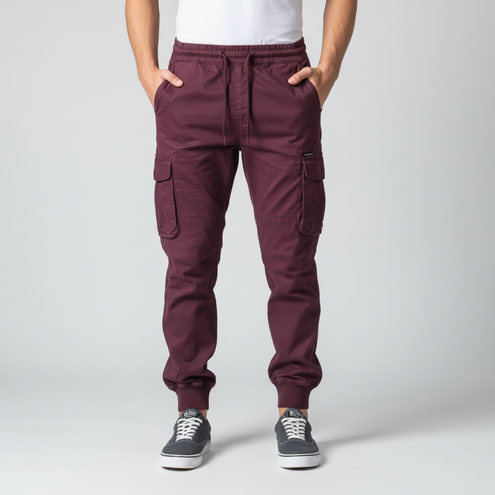 Side view of men's fashion cargo pants emphasizing multiple functional pockets