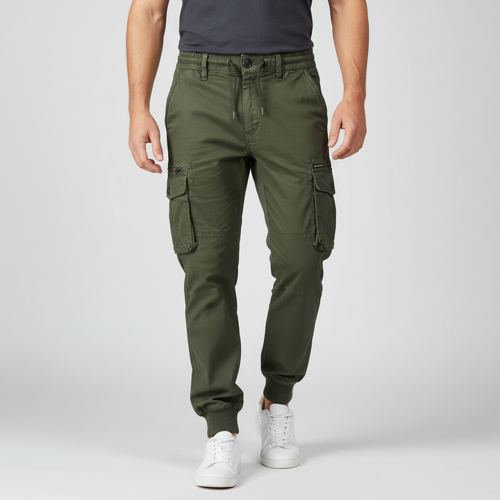 Top-down view of men's multi-pocket cargo pants, highlighting practical design features