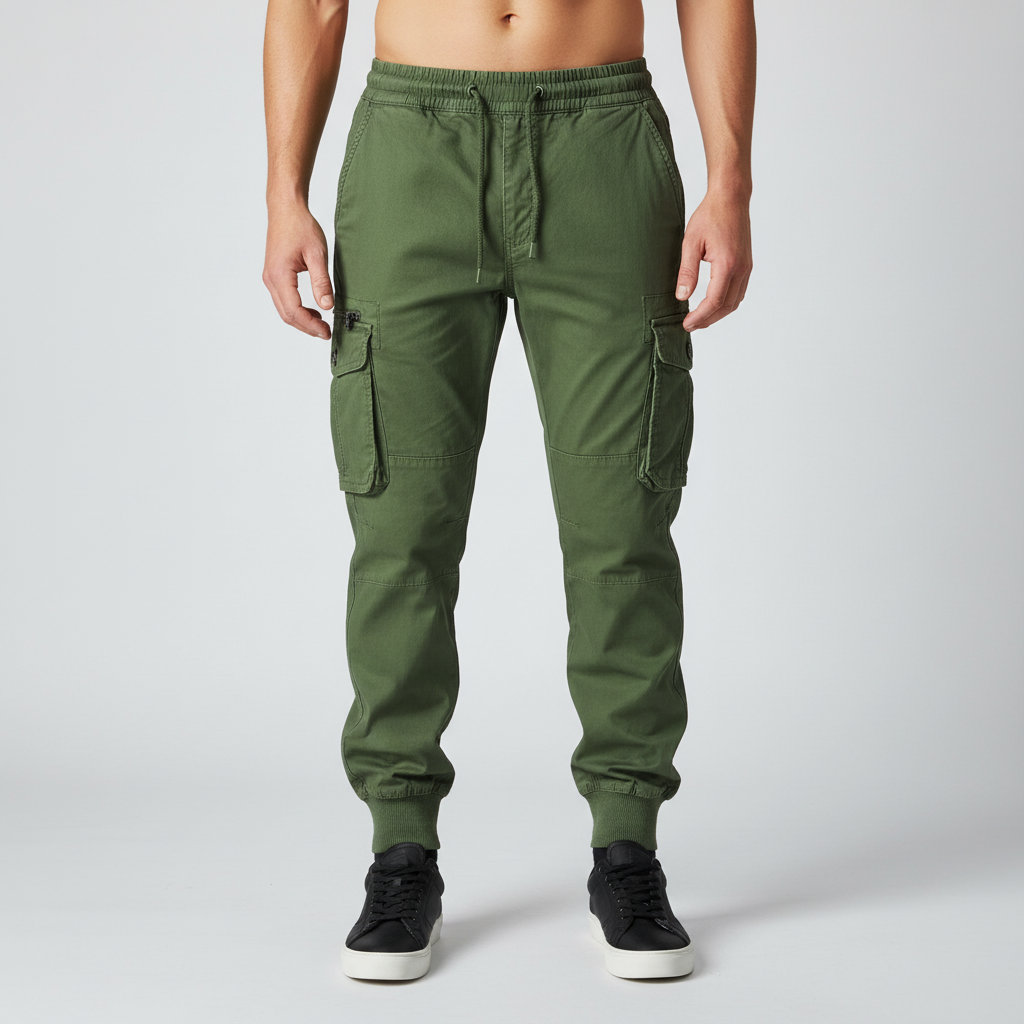 Men's casual wear cargo pants in a neutral color, versatile for various occasions