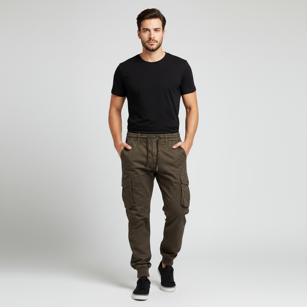 Fashionable men's cargo pants, James brand, showcasing a relaxed and comfortable fit