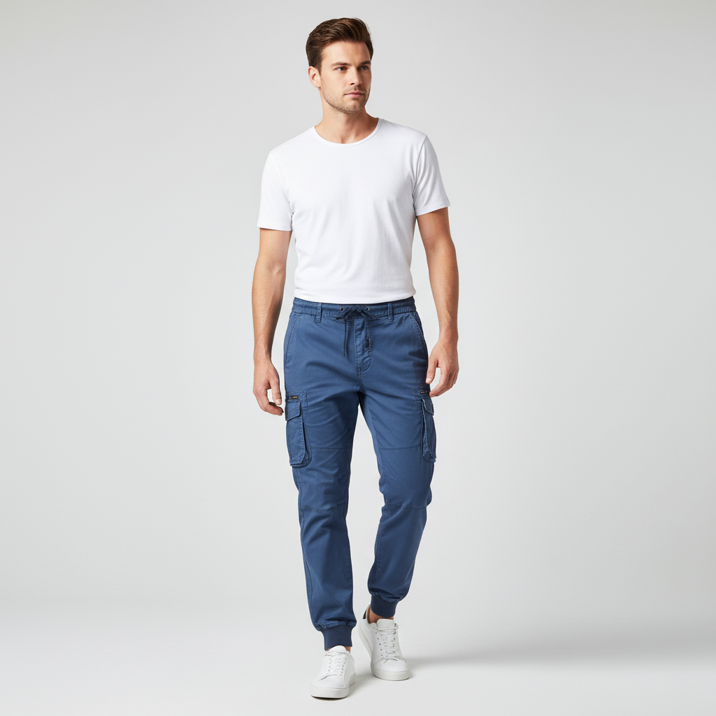 Detailed image of the fabric texture of men's utility cargo pants for durability