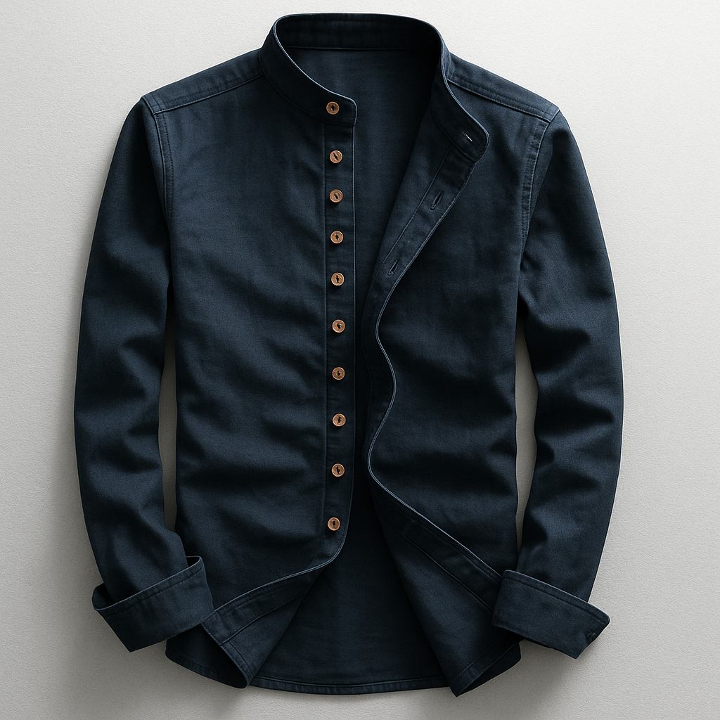 Men's Japanese style casual button-up shirt with stand collar. Modern, minimalist long-sleeve top for everyday comfort.