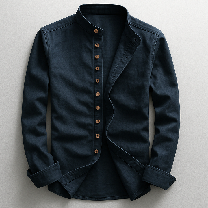 Men's Japanese style casual button-up shirt with stand collar. Modern, minimalist long-sleeve top for everyday comfort.