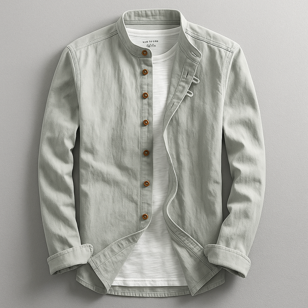 Stylish men's button-up shirt in Japanese style. Versatile long-sleeve top with stand collar for casual fashion.