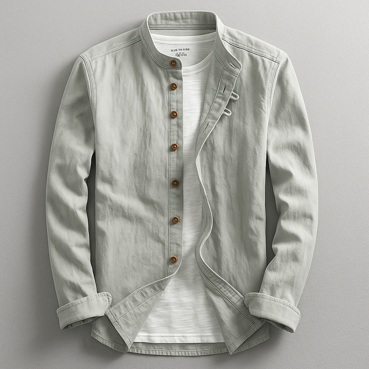 Stylish men's button-up shirt in Japanese style. Versatile long-sleeve top with stand collar for casual fashion.