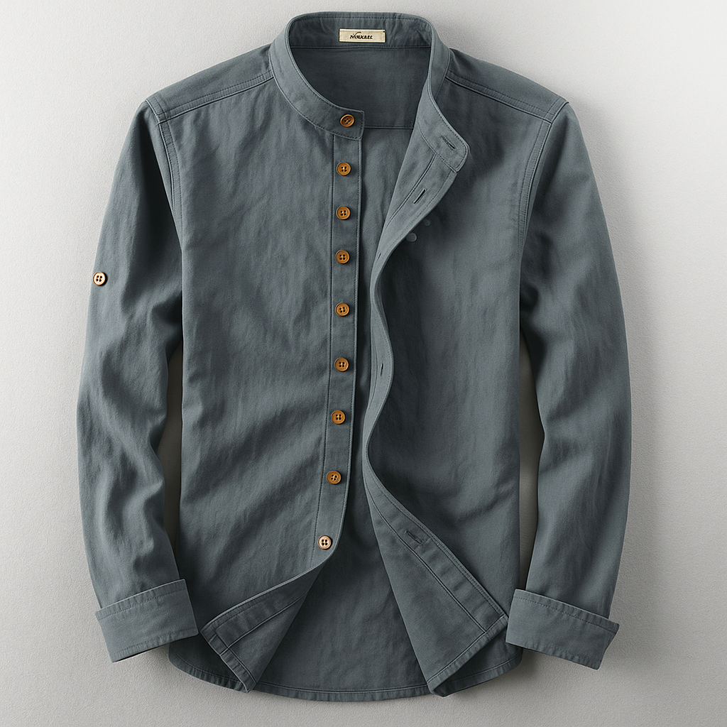 Comfortable men's long-sleeve button-up shirt with stand collar. Features modern Japanese style for versatile wear.