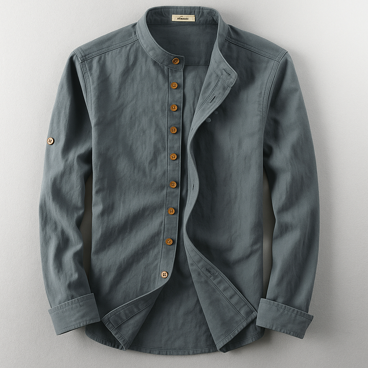 Comfortable men's long-sleeve button-up shirt with stand collar. Features modern Japanese style for versatile wear.