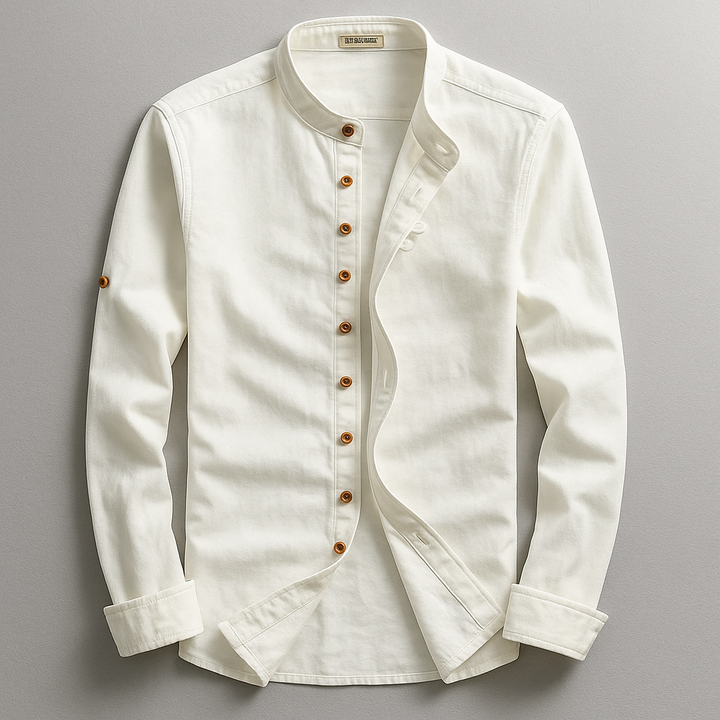 Casual men's Japanese style button-up shirt. Modern, minimalist long-sleeve design with a stand collar for fashion.