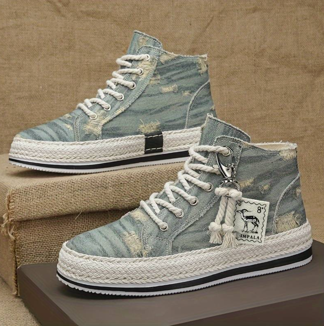 Stylish men's high-top denim sneakers, perfect for urban street style, casual wear, and all-day comfort.