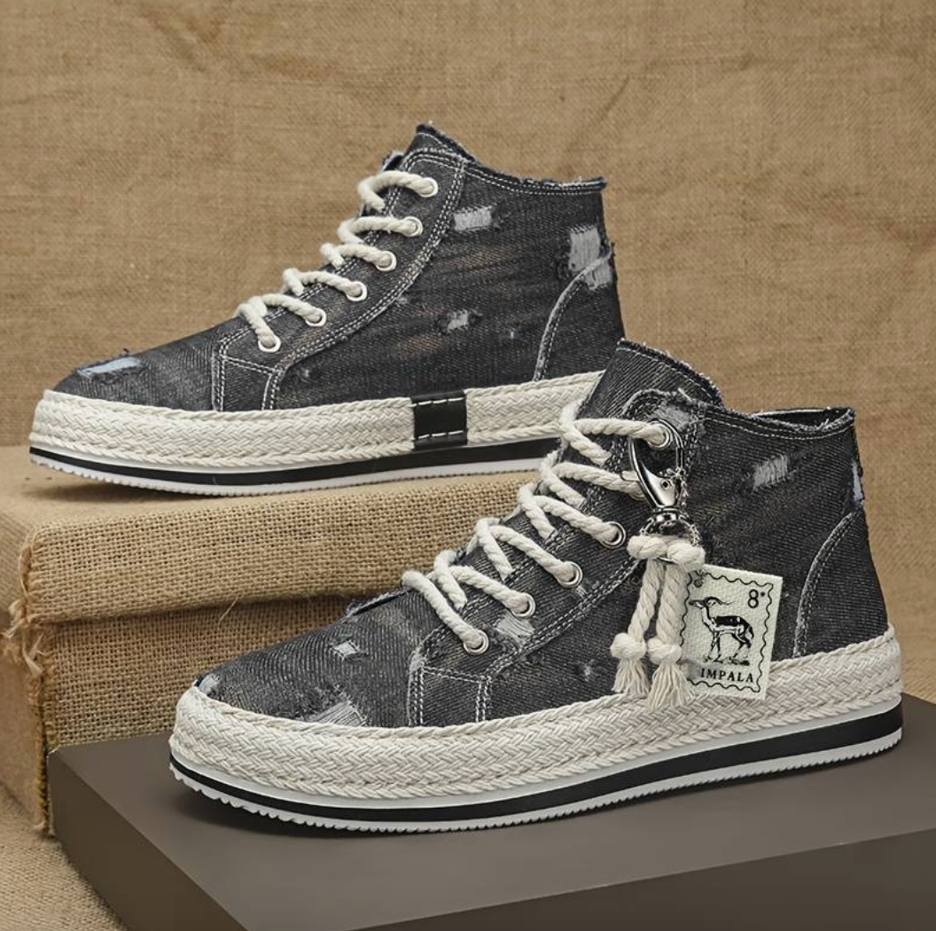 Comfortable men's athletic high-top sneakers with denim look, strong grip, and ankle support for daily wear.